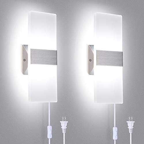 TRLIFE Modern Wall Sconces Set of 2, Wall Sconce Plug in 12W LED 6000K Cool White Acrylic Wall Mounted Light Wall Lights with 6FT Plug in Cord for Bedroom Bedside Stairway(2 Pack, Silver) - color: Silver-6000K Cool White, size: 2 Pack