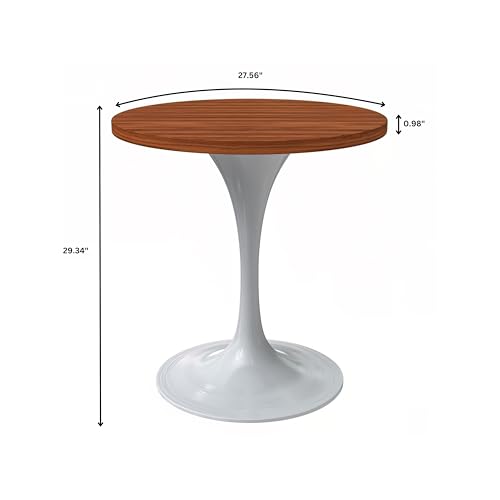 LeisureMod Verve Mid-Century Modern 27 Inch Round Dining Table, MDF Wood Tabletop with White Steel Pedestal Base, Contemporary Kitchen & Dining Room, Small Space Breakfast Table, Cognac Brown - color: Cognac Brown Wood, size: 27 inch Wide