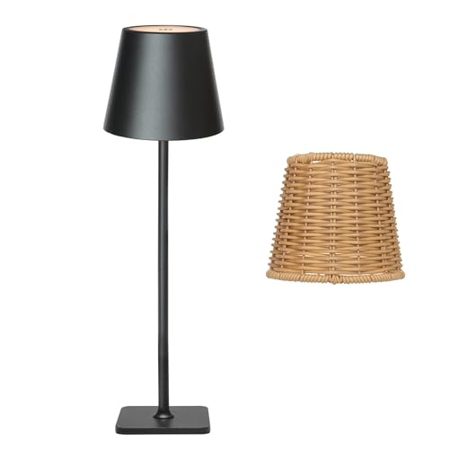 Mr. White Outdoor Waterproof Cordless Wireless Rechargeable Portable Top Touch Battery Operated Powered LED Table Lamp Desk Lamp Lights for Restaurant Kitchen Patio Dinner Dining (Black) - color: Black+Wicker Lampshade