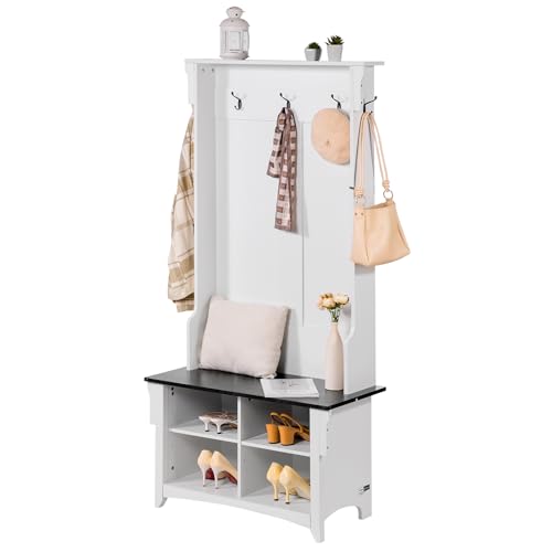 VEVOR Hall Tree Entryway Bench, Coat Rack with Shoe Storage, 32" Wide Mudroom Bench with Seating and Adjustable Shelves, 5 Hanging Hooks and 4 Storage Drawers, for Mudroom, Entryway, Hallway - size: 32" Wide