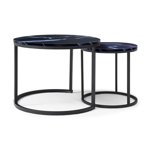 24" Marble Pattern Accent Side Table, Modern Nesting Side Tables with Metal Frame, Space-Saving Nesting Coffee Table Set for Living Room Apartment, Black - color: Black