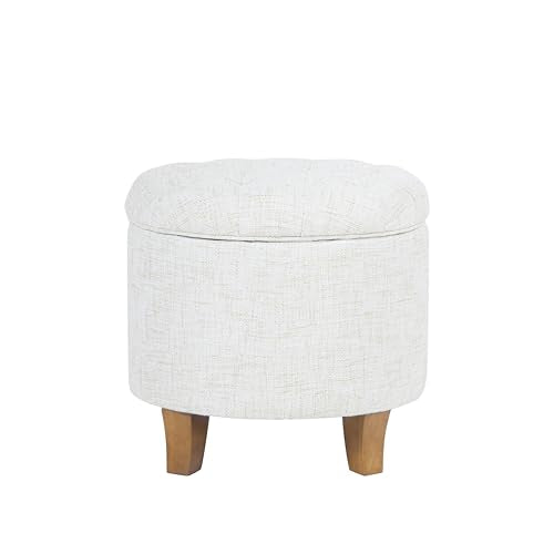HomePop 19" Button Tufted Round Storage Ottoman - Cream Textured Solid - color: Cream Textured Solid