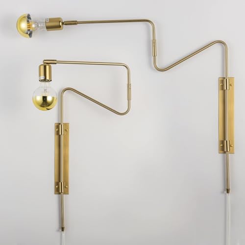 Industrial Brass Plug in Swing Arm Wall Sconces, Set of 2 | Modern Adjustable Rotatable Bedside Lamp Over Bed Wall Mount Lighting Fixturefor Bedroom, Living Room& Nightstand - color: D-Gold-2 Pack