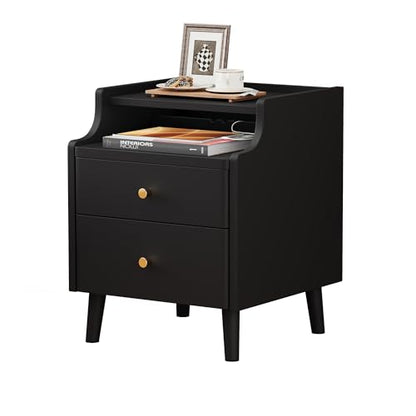 Nightstand with Drawers, 15.7" Solid Wood Side Table for Bedroom, Modern Bedside Table with Pull-Out Tray & Cable Management, Black - color: Black, size: 16"