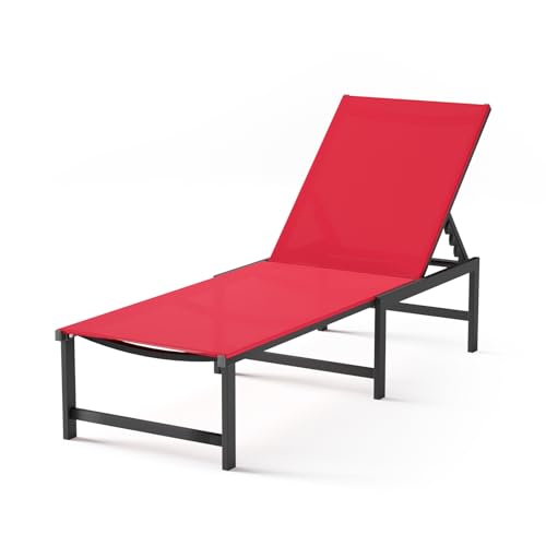Aluminum Outdoor Chaise Lounge, 5-Position Textilene Chair,Red | Rust-proof aluminum frame; UV quick-dry Textilene mesh; 5-position recliner; supports 400 lbs, built-in armrests - color: Red, size: 1 Chair