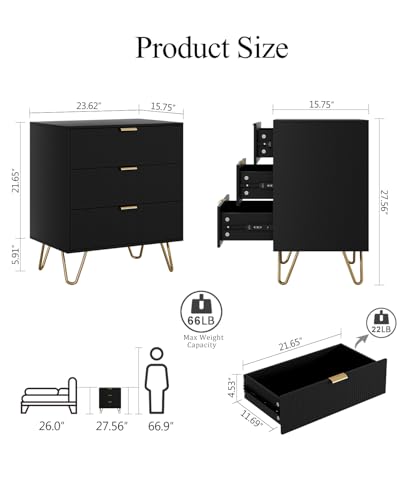 3 Drawer Dresser for Bedroom, 27.6" Modern Storage Dresser, Black | Modern Chests of Drawers, Small Storage Bedroom Dresser with Gold Handles, Large Fluted Nightstand with 3 Drawers for Bedroom - color: Black