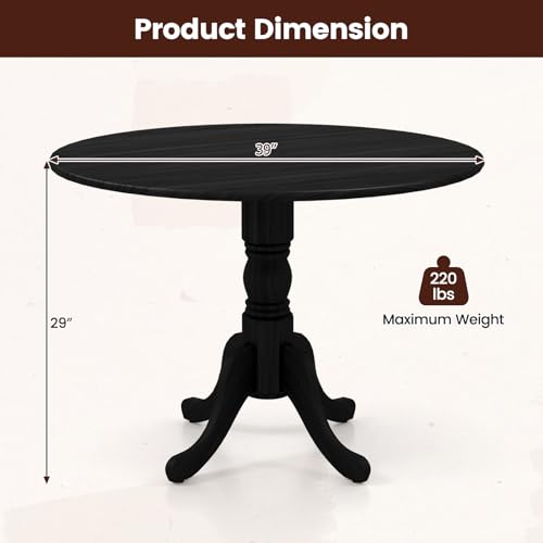COSTWAY Round Dining Table for 4, 39 inch Kitchen Table with Solid Rubber Wood Frame, Adjustable Foot Pads, Curved Trestle Legs, Mid Century Rustic Dinning Table for Living Room, Black | Adjustable Foot Pads, Curved Trestle Legs, Mid Century Rustic Dinnin