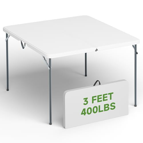 3 ft Square Folding Card Table, Portable Folding Table with Carrying Handle, Heavy Duty 400 lbs Capacity, Ideal for Dining, Camping, Picnic, Party