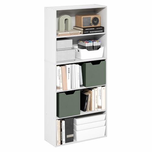 Furinno Jaya Book Shelf, 5-Tier Bookshelf, 52 Inch Tall Standing Bookcase with Adjustable Shelf, 9.5 x 23.6 x 52.6, for Home Office, Bedroom, Living Room, White - color: White, size: 5-Tier, 9.5 x 23.6 x 52.6
