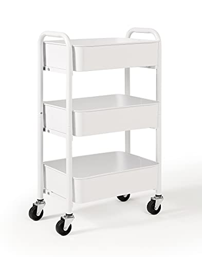 SunnyPoint 3-Tier Delicate Compact Rolling Metal Storage Organizer - Mobile Utility Cart Kitchen/Under Desk Cart with Caster Wheels - WHT (15.35" X 10.24" X 26.8"H) - color: Wht