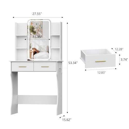HUANLEGO Small Pink Vanity Desk with Mirror and Lights for Women Girls | Vanity Mirror with Lights, 3 Lighting Adjustable, LED Light Strips, Built-in Power Outlet, Compact Dressing Table For Girls - color: White, size: 27.56x15.55x51.30 in