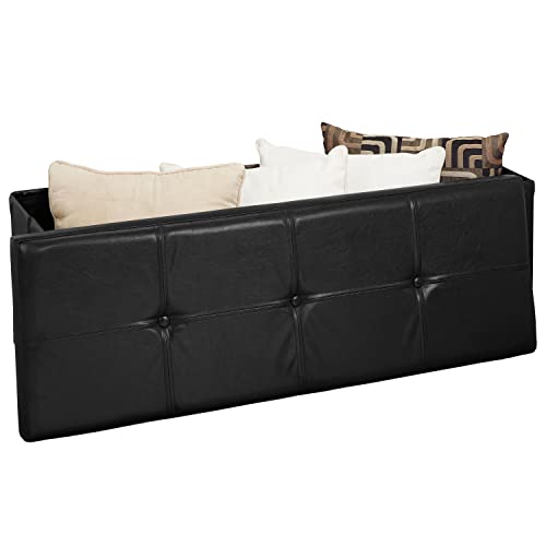 Simplify Faux Leather Folding Storage Ottoman | Triple | Collapsible | Tufted Padded Seating | Foot Rest | Bench | Toy Box | Black - color: Black, size: 15"D x 44"W x 15"H