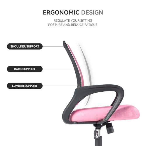 Office Chair, Ergonomic Mid-Back Mesh Desk Chair with Lumbar Support, Adjustable Height Computer Chair with Rolling Wheels Design,Comfy Armrest for Work, Study, Gaming, Pink - color: Pink