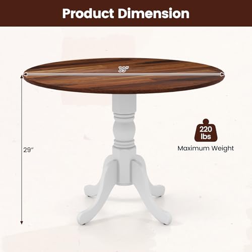 COSTWAY Round Dining Table for 4, 39 inch Kitchen Table with Solid Rubber Wood Frame, Adjustable Foot Pads, Curved Trestle Legs, Mid Century Rustic Dinning Table for Living Room (Walnut+White) | Adjustable Foot Pads, Curved Trestle Legs, Mid Century Rusti