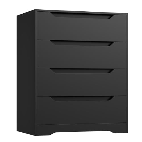 HOSTACK Modern 4 Drawers Dresser, Wood Chest of Drawers with Storage, Black | Black Dresser with Cut-Out Handles, Small Dresser, 4 Drawers Chest, Tall Storage Dresser for Living Room, Apartment, Renter - color: Black