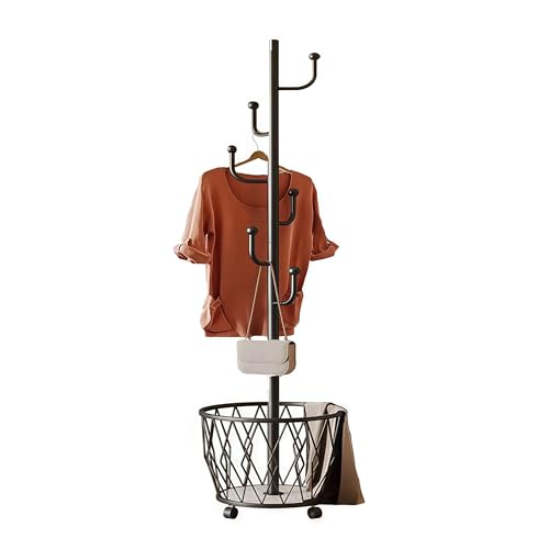 Black Moveable Cactus Metal Coat Rack with Basket Freestanding 65" | Modern Organizer for Scarf Jacket Hat Bags Ideal for Home Entryway Bedroom Corner Stable - color: black