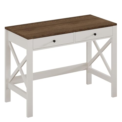 ChooChoo 40 Inches Farmhouse Computer Desk with 2 Drawers | Wooden Writing Desk, Study Desk for Home Office, Makeup Vanity, Soft White - color: Soft White, size: 40inch without Power Outlet