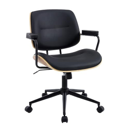 Mid Century Modern Office Chair with Armrest and Adjustable Backrest, Black | Wooden frame with armrests & adjustable backrest, swivel & height-adjustable, PU leather seat for home office comfort - color: Black