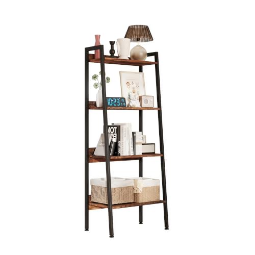 4 Tier Ladder Shelf,22” Wide Tower Storage Shelf, Rustic Brown | Skandiquip 13.5” Narrow Ladder Shelf, Steel Frame Anti-Tip Tall Storage Tower for Books & Plants, Kitchen Living Room Office - color: Rustic Brown, size: 4 Tier