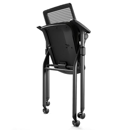 Foldable Office Chair with PU Wheels and Smooth Armrest-Ergonomic Mesh Bouncing Back, Stackable Conference Room Chair, Office Guest & Reception & Meeting Chair (Black)