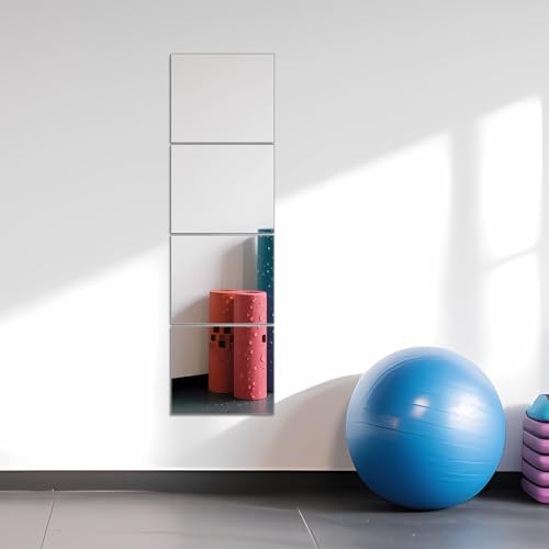 Glass Full Length Mirror Tiles, 14" x 12" x 4PCS Home Gym Mirror for Wall | Frameless Wall Mounted Mirror for Garage, Bedroom, Living Room, Over The Door - size: 14"x12"-4pcs