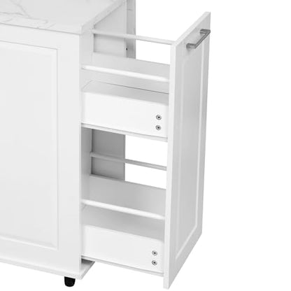 50.7" Kitchen Island with Storage Tilt Trash Can Cabinet and Pull Out Cabinet Organizer, Rolling Kitchen Island on 5 Wheels with Drop Leaf (White/tt) - color: White/Tt)