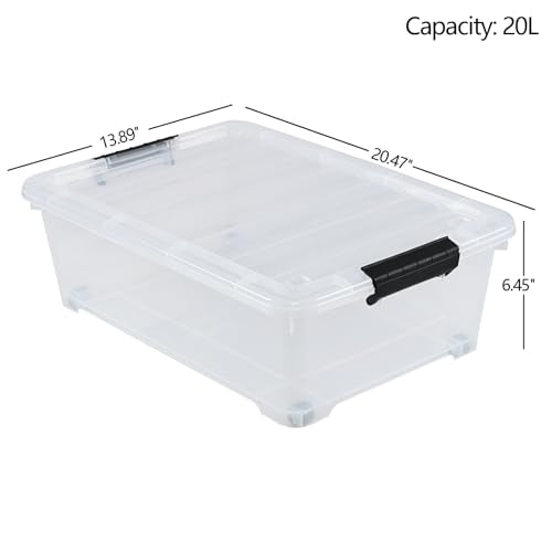 4 Packs 20 Quart Plastic Under Bed Storage Container with Wheels | Stackable and Nestable Organizer Bins, Flat Storage Box with Lids - size: 20 Quart