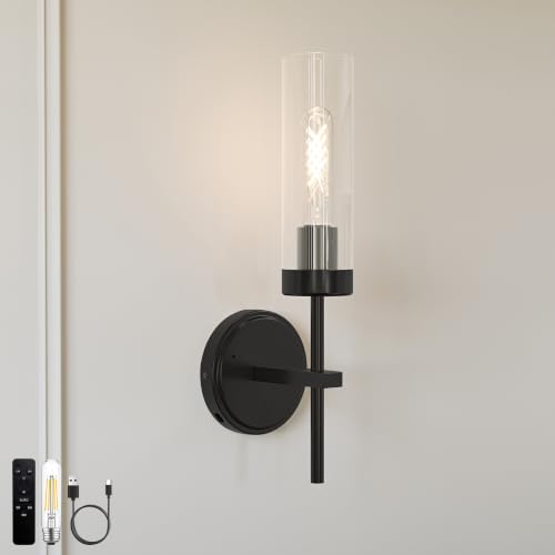 Black Battery Operated Wall Sconce, Wireless Wall Sconces with Remote Control, Rechargeable 3000K Dimmable Wall Light for Bedroom Living Room Bathroom Hallway Entryway Stairwell - color: Black, size: 1 Pack