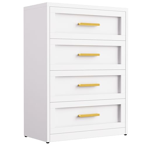 Metal 4-Drawer Dresser for Bedroom, Tall Dressers & Chests of Drawers for Closet Storage, Bedroom Dressers Clothes Storage Organizer, Metal Nightstand with 4 Large Drawers 31.5" White Chest - color: White, size: 4 Metal Drawers