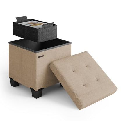 Storage Ottoman Cube with Small Bin, 15-in Square Ottoman with Storage for Living Room and Bedroom, Small Ottomans Foot Rest, Fabric Foot Stools Ottomans Max 330lbs, Taupe - color: 07 - Taupe
