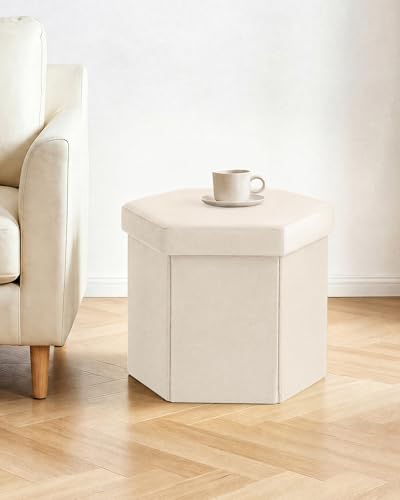 B FSOBEIIALEO Storage Ottoman Cube Hexagonal Pouf Ottomans, Foot Rest Seat for Sofa Footrest Entryway Shoe Footstool for Living Room/Bedroom/Entrway Velvet White 16.93"x15"x15" - color: White