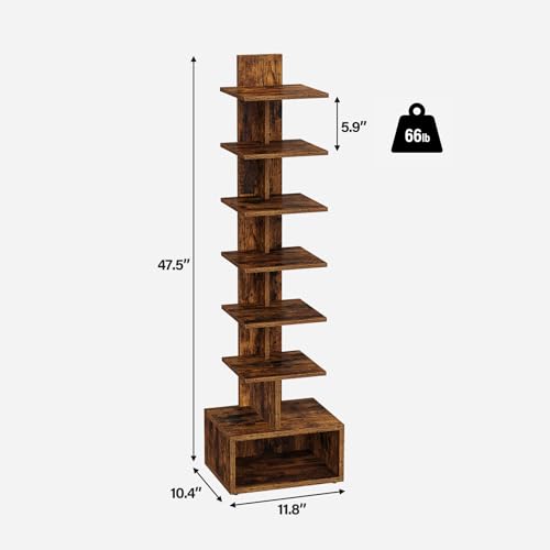 TUTOTAK Book Shelf, Narrow Spine Bookshelf, 8-Tier Bookcase for Small Space | 10.4 x 11.8 x 47.5 Inches Vertical Freestanding Corner Shelf for Living Room, Office, Study, Entryway, Brown BS07BB008 - color: Brown