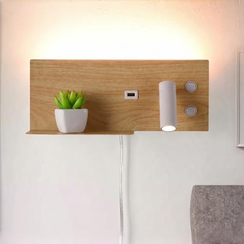 Modern LED Plug in Wall Sconce, Wall Light with Shelf and USB Charging Port, Rotatable Reading Spotlight & Soft Backlight, Plug-in or Hardwired Wall Lamp for Bedroom Bedside, Light Wood Grain Finish - size: 2-light Right Switch White