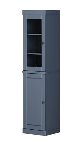 Solid Wood Kitchen Pantry - Narrow Storage Cabinet - 16.5" Wide x 71.5" Tall - 1 Raised Panel & 1 Glass Door, Antique Blue, Adjustable Shelves, 100% Eco-Friendly Wood, Modular Cabinets - color: Antique Blue, style: Clear Glass Top Door / Raised Panel Bott