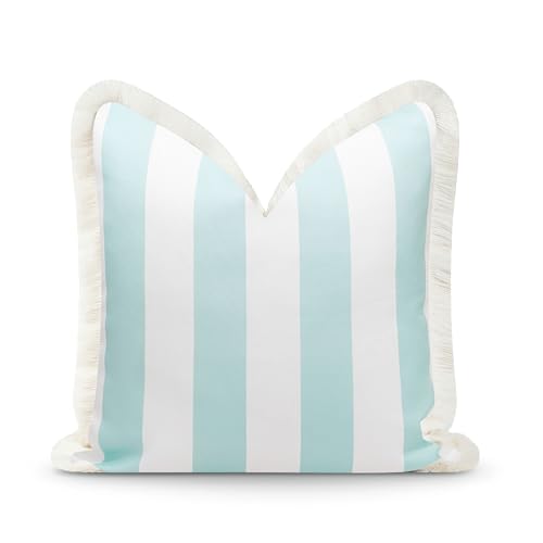 Hofdeco Premium Fall Coastal Patio Indoor Outdoor Pillow Cover Only, 20"x20" Water Repellent for Backyard, Couch, Muted Aqua Stripe Fringe - color: Muted Aqua Stripe 20"x20"
