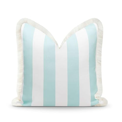 Hofdeco Premium Fall Coastal Patio Indoor Outdoor Pillow Cover Only, 20"x20" Water Repellent for Backyard, Couch, Muted Aqua Stripe Fringe - color: Muted Aqua Stripe 20"x20"