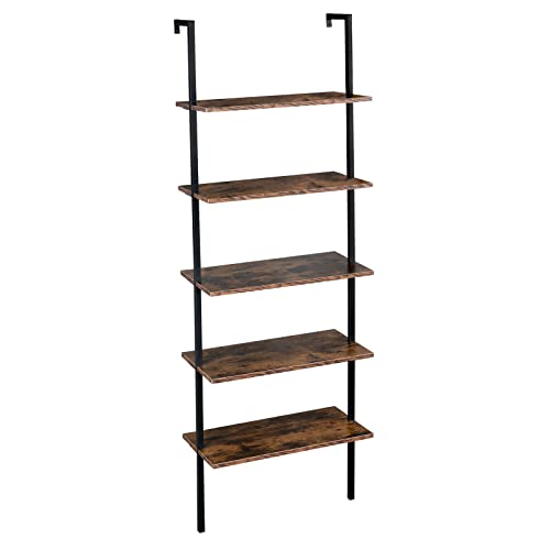 5-Shelf Modern Bookcase, Open Wall Mount Ladder Bookshelf with Industrial Metal Frame for Living Room Bedroom Home Office (Brown5) - color: Brown5
