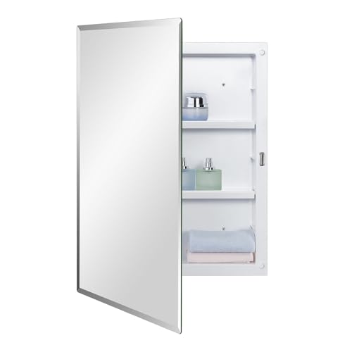 Plastic Bathroom Medicine Mirror Cabinet 16 x 22 inch, Surface and Recessed Mount, Beveled Edge Mirror - color: White, size: 16x22 inch Beveled Edge Mirror