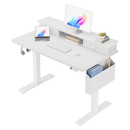 White Electric Standing Desk with Drawers - 40 Inch Small Standing Desk with Shelf Monitor Stand Storage Height Adjustable for Home Office, Study Writing Girls Computer Sit Stand Desks for Bedroom - color: White, size: 39.4''