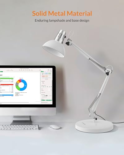 LEPOWER Metal Adjustable Desk Lamp with Clamp, Swing Arm for Home Office | Gooseneck, Architect Style, Eye-Caring Table Lamp, On/Off Switch, E26 Base, Reading for Dorm, Bedroom, Study, Back to School - color: White