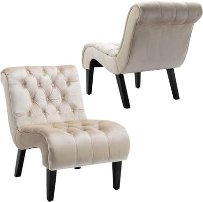 Comfy Velvet Accent Chair Set of 2, Tufted Armless Chair with Rolled Edge | Modern Small Lounger for Living Room, Upholstered Reading Chaise Lounge with Solid Rubber Wood Legs, Beige - color: Beige, size: Set of 2