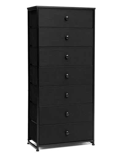Fabric Dresser for Bedroom, Wide 7-Drawer Tall Vertical Tower (Black) | Wooden Top, Steel Frame, Easy Pull Bin,Organizer Unit for Living Room, Hallway, Entryway, Nursery, Closets - color: Black, style: Wide-7 Drawers
