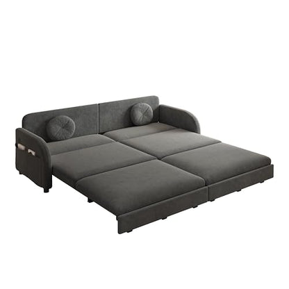 81.1'' King Size Sleeper Sofa Bed, 3-in-1 Pull Out Chenille Couch, Grey | Cozy Curved Armrest, Loveseat with USB, 2 Round Pillows, Washable Cover, Pocket, for Living Room, Apartment, Small Spaces, RV - color: Grey, size: 81.1'' King