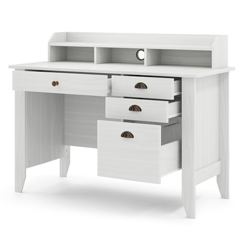 48" Computer Desk with 4 Storage Drawers and Hutch Wood Executive Table for PC Laptop