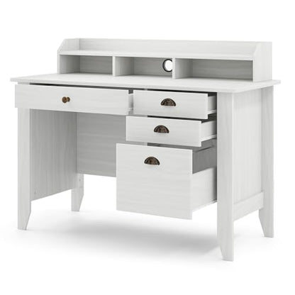 48" Computer Desk with 4 Storage Drawers and Hutch Wood Executive Table for PC Laptop