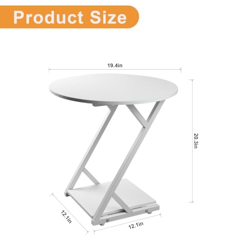 20In Small Round Side Table, 2-Tier White End Table with Z-Shaped Metal Frame, Round Accent Coffee Table with Storage Shelf, Modern Sofa Side Table for Living Room, Bedroom - color: 20in-white