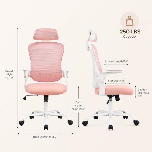 Pink Ergonomic Office Chair, High Back Mesh Desk Chair with Adjustable Headrest Lumbar Support, Computer Chairs with Flip-up Armrests and Thickened Cushion for Adults Home Office, 360° Swivel - color: Pink With Headrest