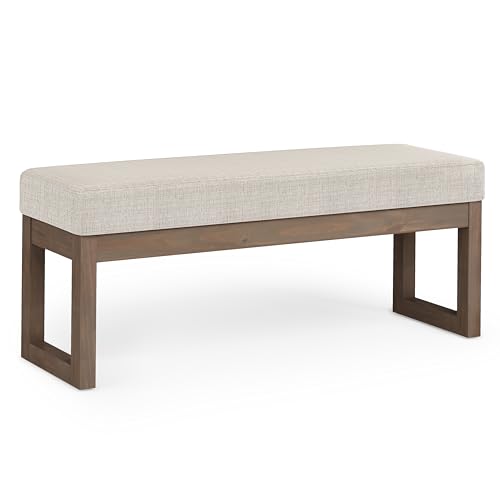 SIMPLIHOME Milltown 44" Wide Tweed Look Rectangle Ottoman in Platinum | Contemporary ottoman with a cushioned seat for bedroom or entryway; fully assembled footstool, footrest or bench. - color: Platinum, style: Large Ottoman Bench