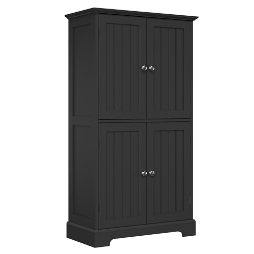 ChooChoo Bathroom Floor Cabinet with Adjustable Shelves | Bathroom Storage Cabinet, 4 Doors, Freestanding Cupboard for Living Room, Kitchen Pantry, Black - color: Black, size: 14.17"D x 25.59"W x 43.31"H