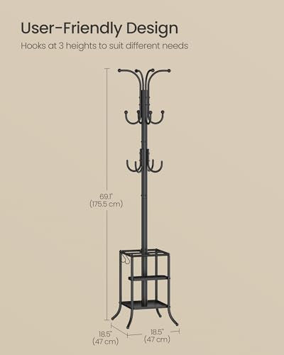 SONGMICS Coat Rack Freestanding Metal Coat Rack Stand with 12 Hooks | Coat Rack with Umbrella Holder - style: with square umbrella holder